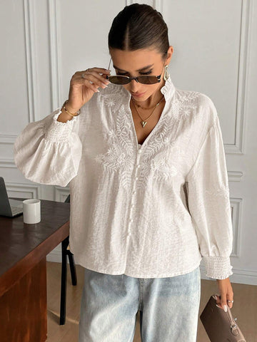 Frenchy Women's Leisure Holiday White Embroidered Button-Up Blouse
