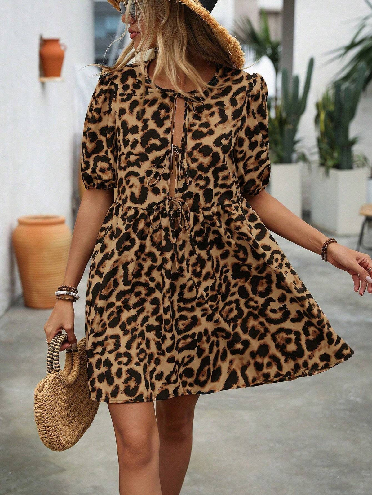 Women's Leopard Print Lace-Up Halter Hollow Out Knot Short Sleeve Dress, Summer