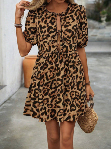 Women's Leopard Print Lace-Up Halter Hollow Out Knot Short Sleeve Dress, Summer