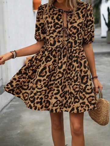Women's Leopard Print Lace-Up Halter Hollow Out Knot Short Sleeve Dress, Summer