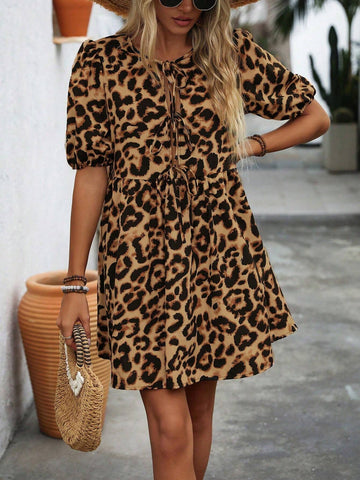 Women's Leopard Print Lace-Up Halter Hollow Out Knot Short Sleeve Dress, Summer