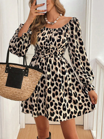 Women's Leopard Print Pleated Off Shoulder Long Sleeve Mini Dress