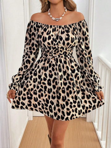 Women's Leopard Print Pleated Off Shoulder Long Sleeve Mini Dress