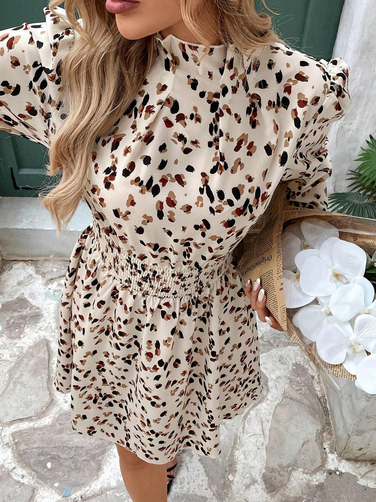 Women's Leopard Print Stand Collar Dress