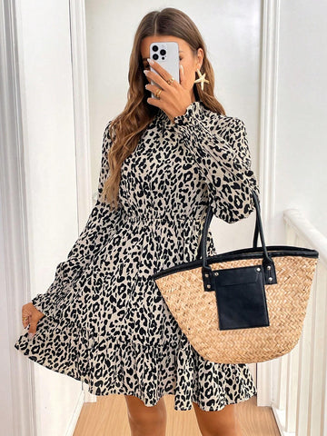 Women's Leopard Print Stand Collar Long Sleeve Mini Dress