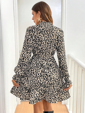 Women's Leopard Print Stand Collar Long Sleeve Mini Dress