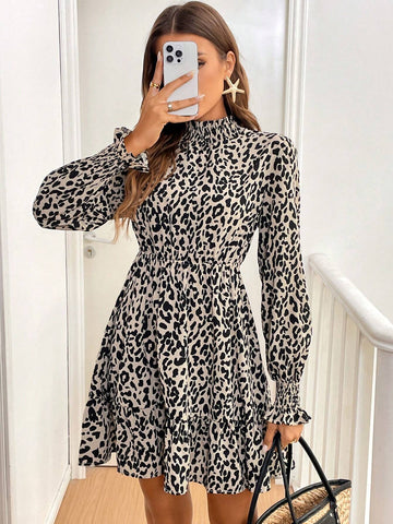 Women's Leopard Print Stand Collar Long Sleeve Mini Dress
