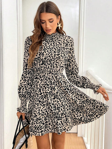 Women's Leopard Print Stand Collar Long Sleeve Mini Dress