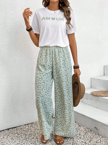 Women's Letter Print Short Sleeve T-Shirt And Floral Wide Leg Pants Two Piece Set