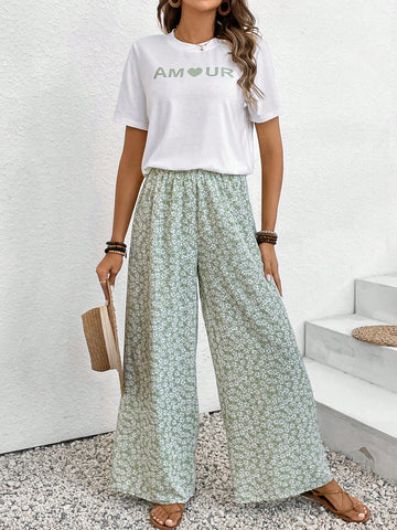 Women's Letter Print Short Sleeve T-Shirt And Floral Wide Leg Pants Two Piece Set
