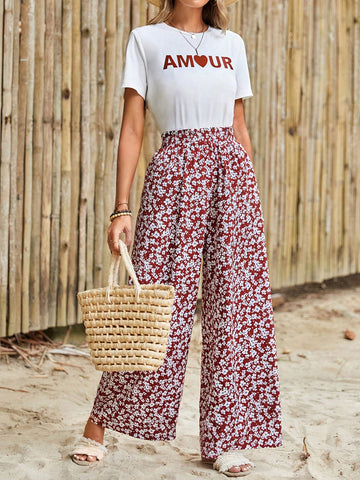 Women's Letter Printed Short-Sleeved T-Shirt And Flower Printed Trousers Suit Summer Two Piece Outfits Two Piece Beach Set