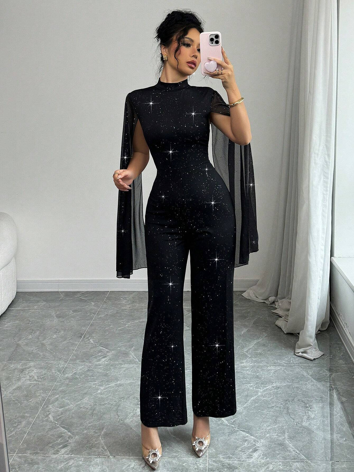 Women's Metallic Net Mesh And Black Fabric Splice Elegant Jumpsuit