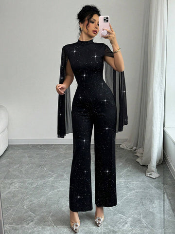 Women's Metallic Net Mesh And Black Fabric Splice Elegant Jumpsuit