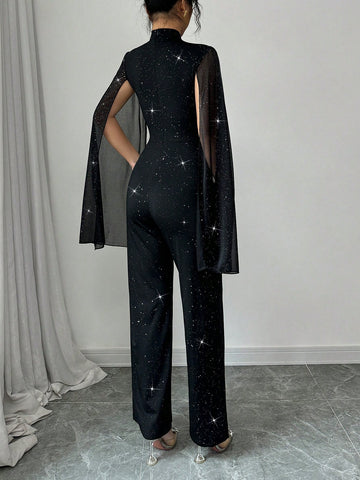 Women's Metallic Net Mesh And Black Fabric Splice Elegant Jumpsuit