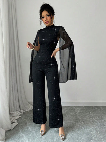 Women's Metallic Net Mesh And Black Fabric Splice Elegant Jumpsuit