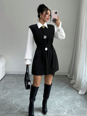 Women's Minimalist Casual Short Dress With 3D Floral Decor