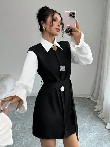 Women's Minimalist Casual Short Dress With 3D Floral Decor