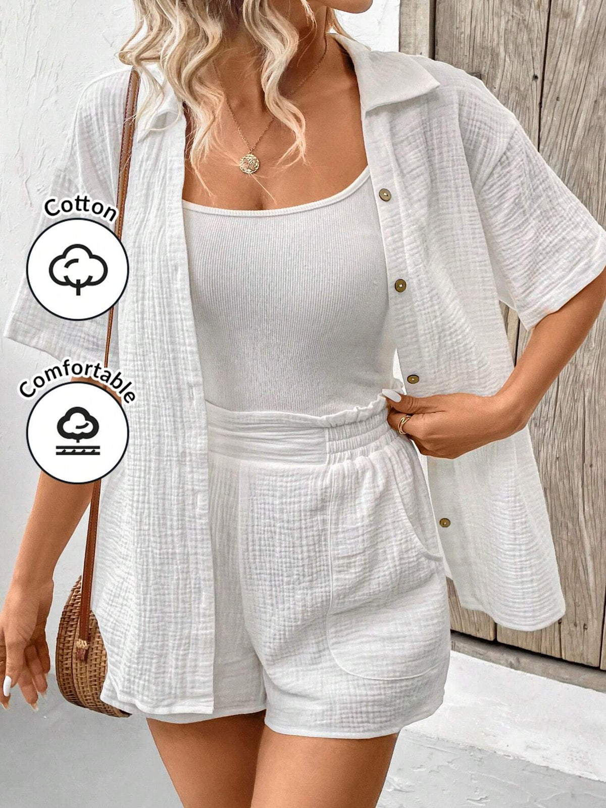 Women's Monochrome Drop Shoulder Short Sleeve Shirt And Shorts Set Cotton Summer Two Piece Outfits