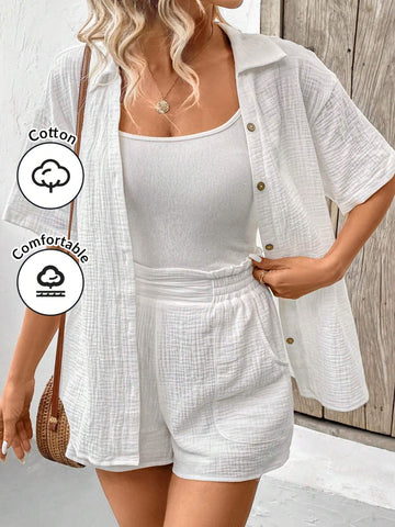 Women's Monochrome Drop Shoulder Short Sleeve Shirt And Shorts Set Cotton Summer Two Piece Outfits