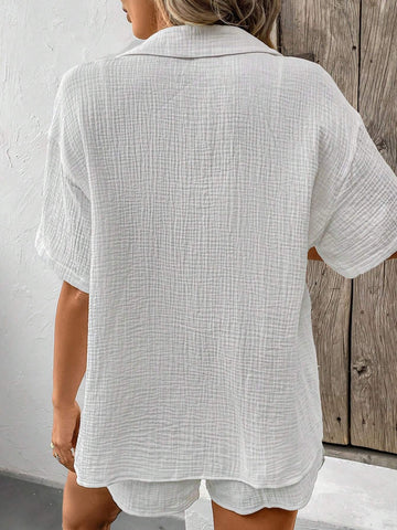 Women's Monochrome Drop Shoulder Short Sleeve Shirt And Shorts Set Cotton Summer Two Piece Outfits