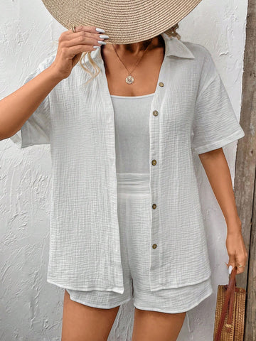 Women's Monochrome Drop Shoulder Short Sleeve Shirt And Shorts Set Cotton Summer Two Piece Outfits