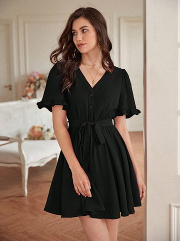 Women's Off-Shoulder Ruffle Sleeve Empire Waist Dress