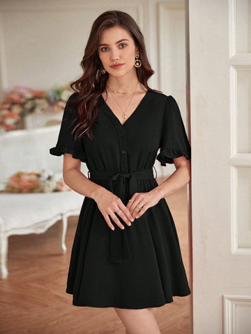 Women's Off-Shoulder Ruffle Sleeve Empire Waist Dress