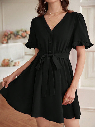 Women's Off-Shoulder Ruffle Sleeve Empire Waist Dress