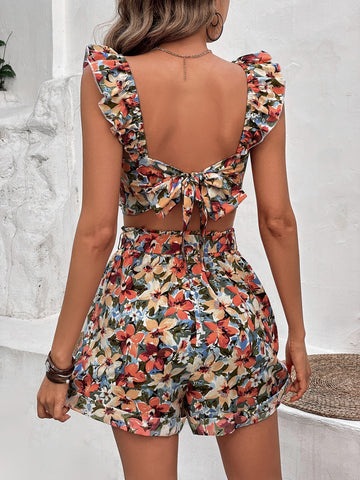 Women's Off Shoulder Floral Printed Cropped Top And Shorts Set With Ruffle Hem