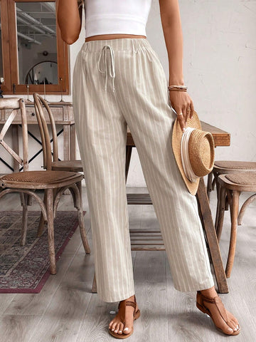 Frenchy Women's Old Money Style Striped Tapered Vacation Casual Linen Pants,Frenchies 70s Outfit Fall Women Clothes Matching Styles, Simple Daily Khaki Pants,Back To School Clothes,Teacher Pants,Commute,Minimalist,Office,Old Money,Simple