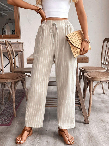Frenchy Women's Old Money Style Striped Tapered Vacation Casual Linen Pants,Frenchies 70s Outfit Fall Women Clothes Matching Styles, Simple Daily Khaki Pants,Back To School Clothes,Teacher Pants,Commute,Minimalist,Office,Old Money,Simple