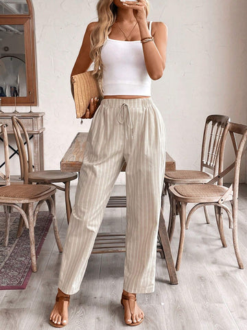 Frenchy Women's Old Money Style Striped Tapered Vacation Casual Linen Pants,Frenchies 70s Outfit Fall Women Clothes Matching Styles, Simple Daily Khaki Pants,Back To School Clothes,Teacher Pants,Commute,Minimalist,Office,Old Money,Simple