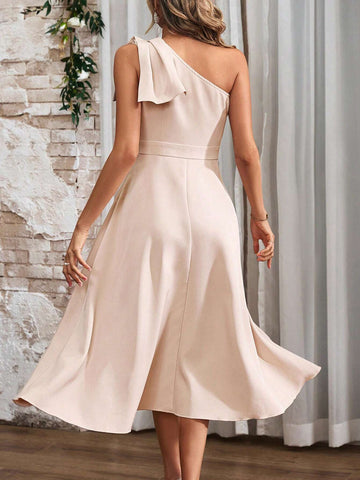 Women's One Shoulder Sleeveless Dress With Asymmetric Hem And Bowknot Detail
