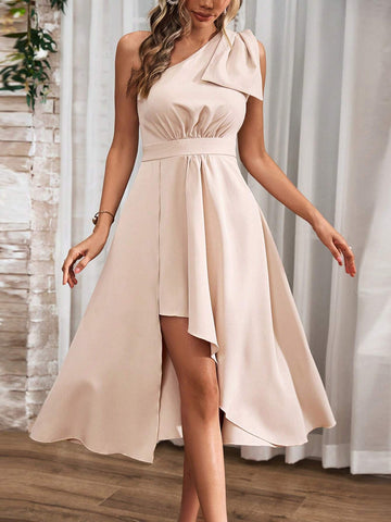 Women's One Shoulder Sleeveless Dress With Asymmetric Hem And Bowknot Detail