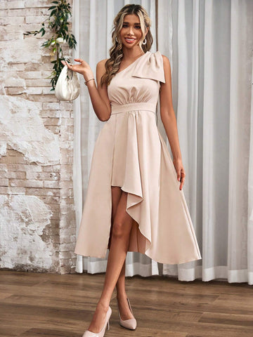 Women's One Shoulder Sleeveless Dress With Asymmetric Hem And Bowknot Detail