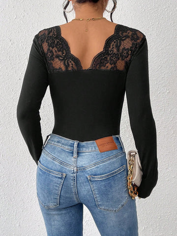 Women's Patchwork Lace Deep V-Neck Bodycon Bodysuit