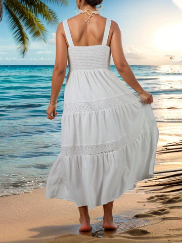 Women's Patchwork Lace Ruffle Hem Sleeveless Dress