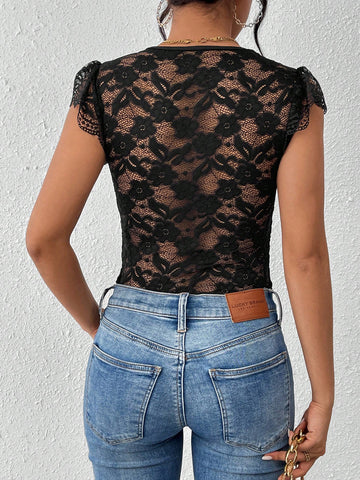 Women's Patchwork Lace V-Neck Ruffle Trimmed Ornamental Bodysuit