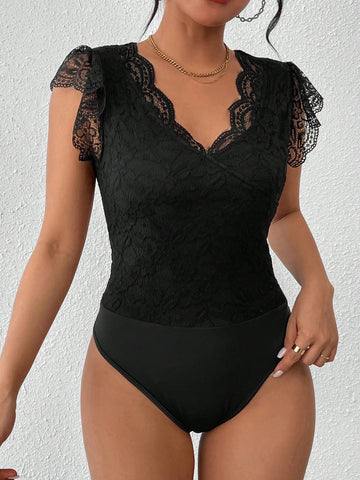Women's Patchwork Lace V-Neck Ruffle Trimmed Ornamental Bodysuit