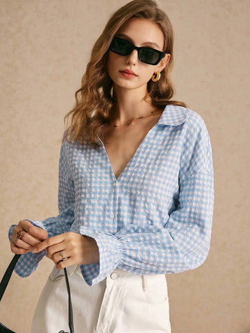 Frenchy Women's Plaid Long Sleeve Casual Shirt For Daily Commute, Spring & Summer