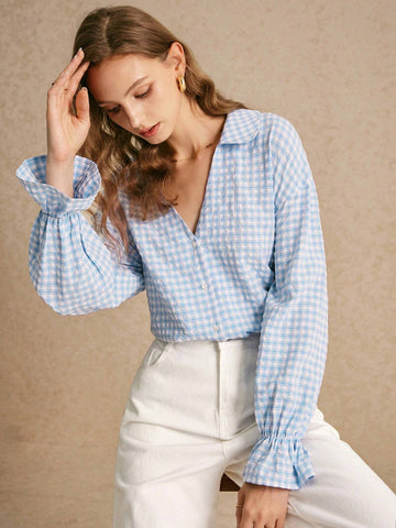 Frenchy Women's Plaid Long Sleeve Casual Shirt For Daily Commute, Spring & Summer