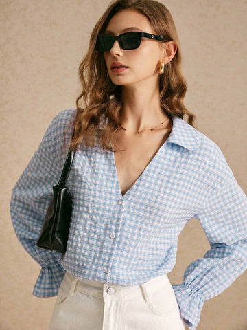 Frenchy Women's Plaid Long Sleeve Casual Shirt For Daily Commute, Spring & Summer