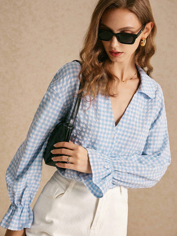 Frenchy Women's Plaid Long Sleeve Casual Shirt For Daily Commute, Spring & Summer