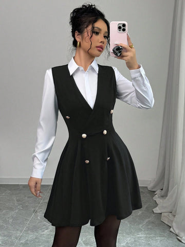 Women's Plain Color V-Neck Metal Button Casual Commuting Sleeveless Dress, For Autumn/Winter