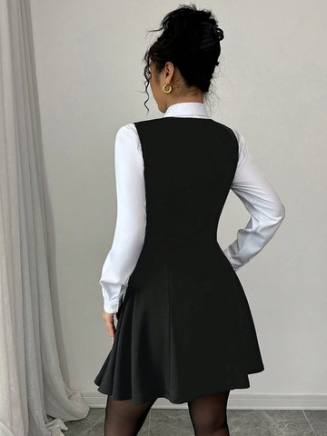 Women's Plain Color V-Neck Metal Button Casual Commuting Sleeveless Dress, For Autumn/Winter