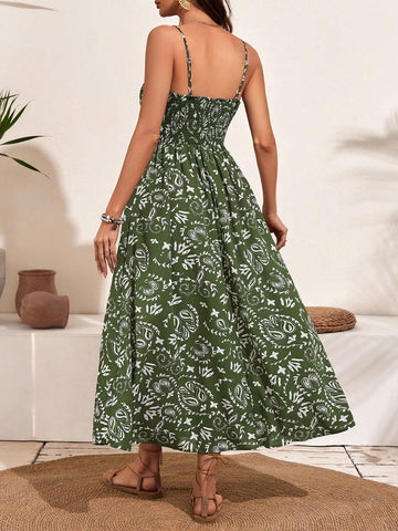 Frenchy Women's Plant Print Shirred Spaghetti Strap Dress