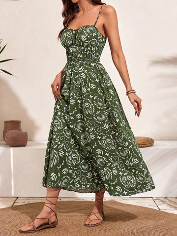 Frenchy Women's Plant Print Shirred Spaghetti Strap Dress