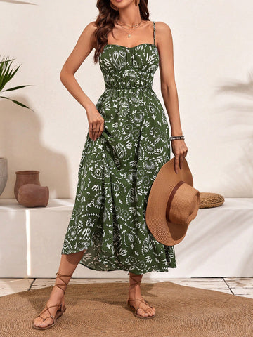 Frenchy Women's Plant Print Shirred Spaghetti Strap Dress