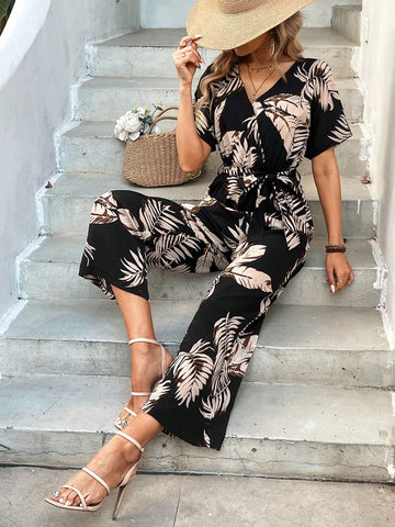 Women's Plant Printed Batwing Sleeve Jumpsuit