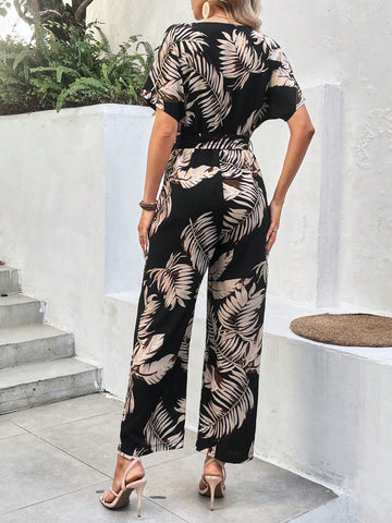Women's Plant Printed Batwing Sleeve Jumpsuit